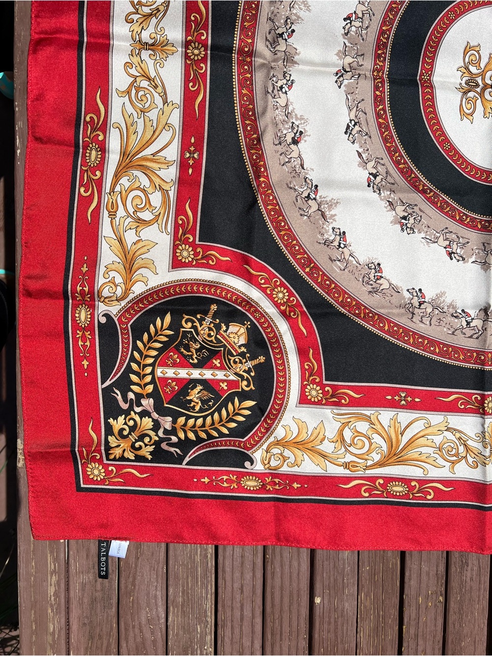 Talbots 100% Silk Equestrian Crest Scarf Red Black Gold 31” Square - Picture 12 of 12